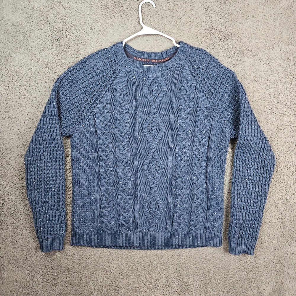 Lucky Brand Mens Large Blue Cable Knit Donegal Flecked Crew Neck Sweater